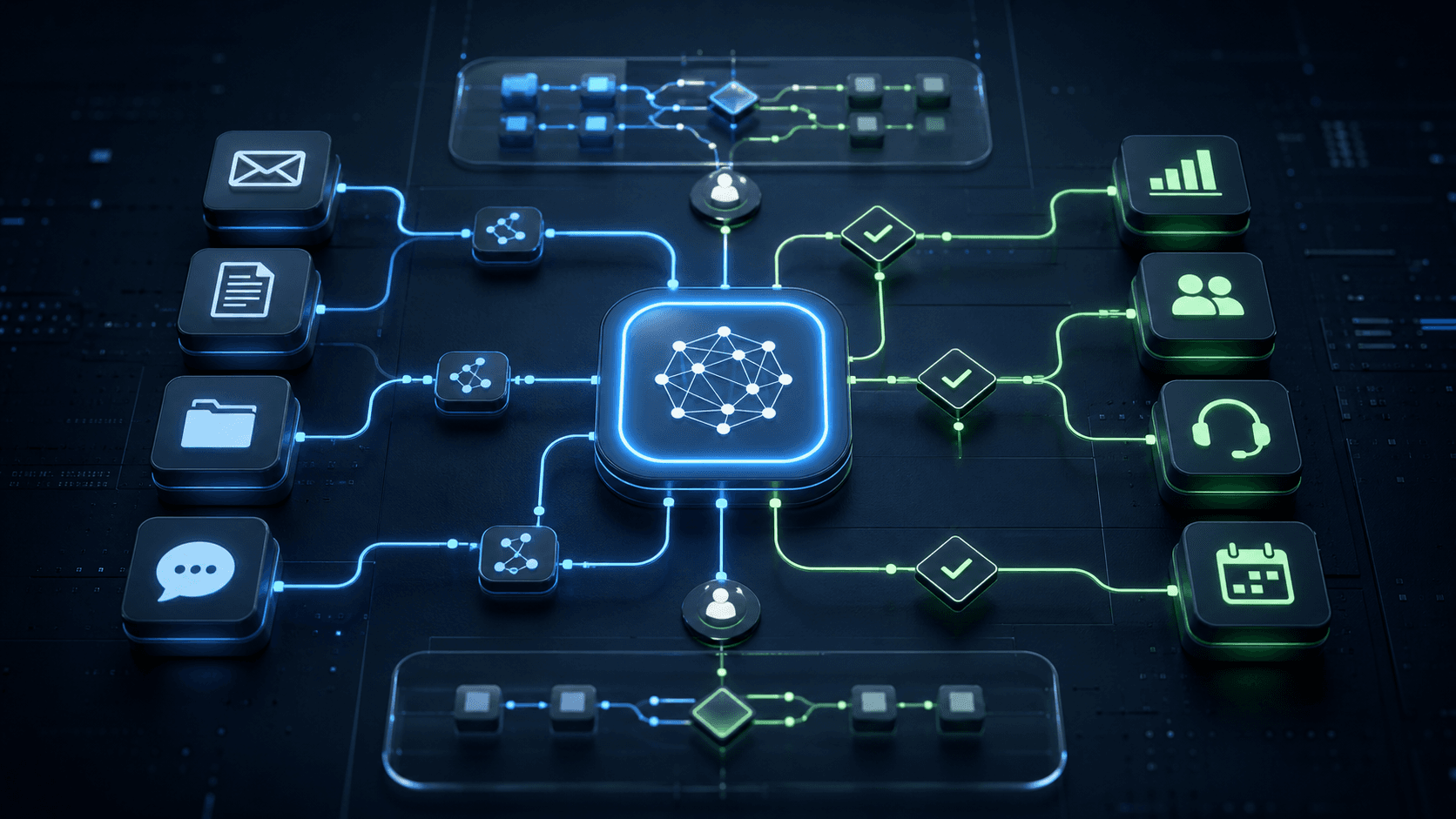 Abstrakte KI-Automationszentrale, die KMU-Prozesse miteinander verbindet