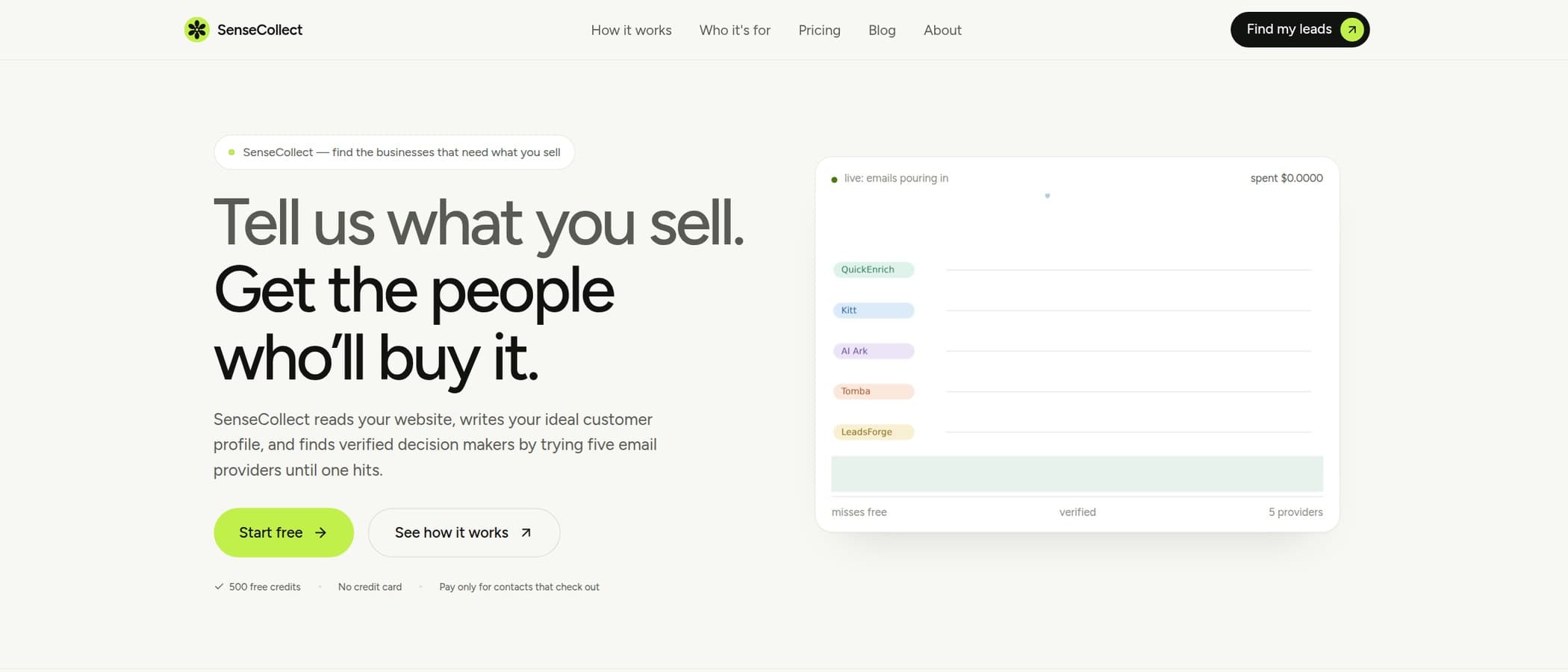 Startseite von SenseCollect, der Local-Lead-Daten-API